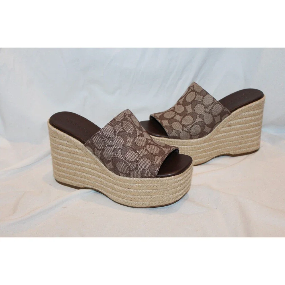 COACH Women Suede Espadrille Platform Wedge Slide Sandals OAK MAPLE NEW 9